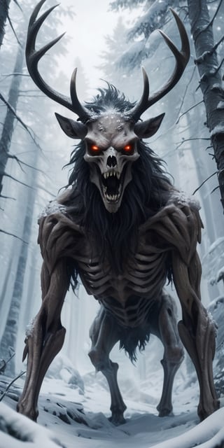 Generate hyper realistic image of a bone-chilling image of a monstrous wendigo, its skeletal form draped in icy, tattered fur, stalking through a snow-covered forest with hollow eyes reflecting the hunger for human flesh.highly detailed, sharp focus.8k,photography style,Extremely Realistic, 