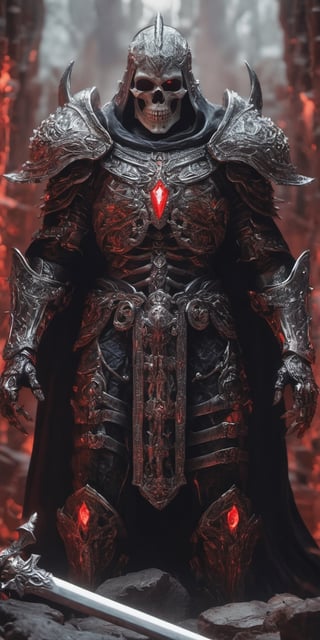  create a Skeleton god wearing blood armor. background of underworld.fierce looking, glowin red eyes, godly armor., sharp focus, high detailed.