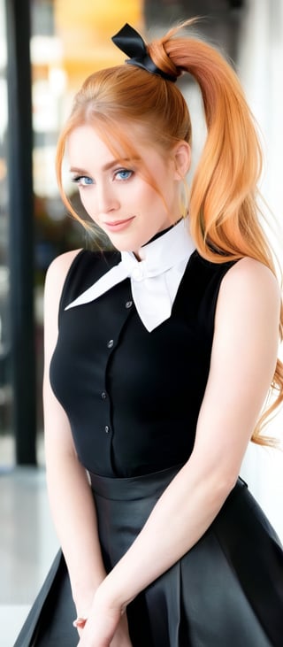 Generate hyper realistic image of a woman with long, flowing orange hair tied up in a high ponytail with a black ribbon. She has a youthful face with 
expressive blue eyes and a confident smile. Her makeup is subtle, highlighting her natural features. She is wearing a form-fitting black sleeveless top with a high collar and a white detail at the chest, resembling a tuxedo front. The top has a buttoned design that accentuates her figure and a short, pink pleated skirt that contrasts with her black top. She is wearing black stockings that emphasize her long legs and black high-heeled shoes. 