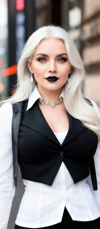 Generate hyper realistic image of a woman with long white hair, wearing a white collared shirt with an open black jacket. The outfit reveals a bit of cleavage and includes a black high-waist skirt, accompanied by black pantyhose. She stands, looking directly at the viewer, her long sleeves elegantly covering her arms at her sides. Her large breasts are noticeable, and she is adorned with jewelry and earrings. Her makeup includes black lipstick, and she has a subtle floral print accessory. Her grey eyes are striking, and she wears a warm smile.