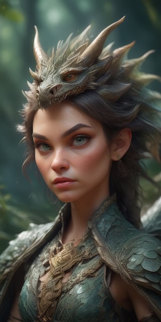 Generate hyper realistic image of a dragon-inspired huntress, adorned with intricate scales and a dragon tail, wielding a formidable weapon. The scene could be set in a mystical forest with hints of dragon presence.up close, portrait,<lora:659095807385103906:1.0>