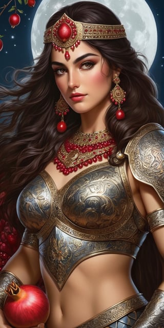 Generate hyper realistic image of a Persian warrioress under the moonlight, with armor inspired by the symbolism of pomegranates. The Moonlit Pomegranate Warrioress wields a weapon resembling the fruit's seeds, representing fertility and abundance on the battlefield.