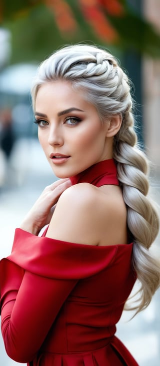 Generate hyper realistic image of a woman depicted in a sophisticated and elegant manner. She has long, silver-blonde hair styled in a loose braid that falls over her shoulder, with a few strands framing her face. Tan complexion with large, expressive grey eyes, a confident expression, and soft, natural makeup. She is wearing a form-fitting, off-the-shoulder white dress with three-quarter sleeves. The dress accentuates her figure, giving her a glamorous and refined look. 