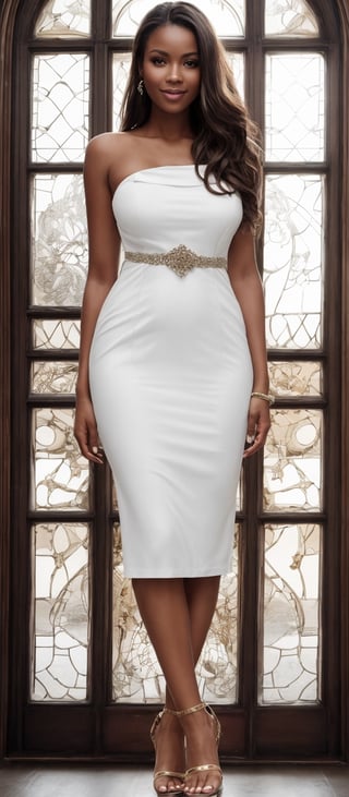 Generate hyper realistic image of a woman, standing solo with long, flowing brown hair cascading over her shoulders. Her alluring smile draws the viewer in as she gazes confidently into the camera. Adorned in an elegant white dress that accentuates her curves, she stands tall indoors, her full body radiating grace and poise. Through the window behind her, the sunlight gently illuminates her dark skin, creating a mesmerizing see-through effect. Completing her ensemble are delicate sandals,