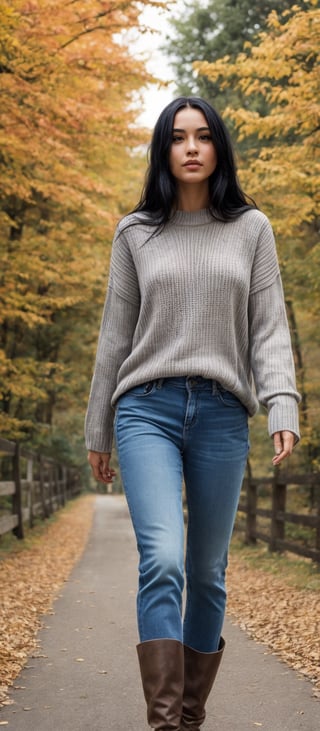 Generate hyper realistic image of a woman with long, black hair styled elegantly, wearing a sweater and denim jeans while standing amidst the beauty of autumn foliage. With long sleeves and brown boots, she exudes a sense of serenity as she walks through the outdoor scenery, surrounded by trees and leaves.