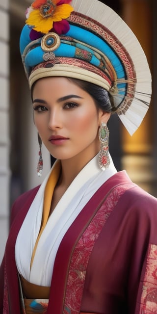 Generate hyper realistic image of a woman in cultural district immersion attire—stylish ensemble inspired by local culture and traditions, her eyes alive with curiosity as she explores museums, galleries, and historic landmarks.((upper body))