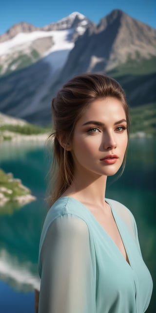 Generate hyper realistic image of a serene image of a model woman near a glistening alpine lake, surrounded by mountainous beauty. Capture her peaceful expressions, stunning eyes, and makeup that resonates with the pristine nature, with a hairstyle that complements the mountainous backdrop.