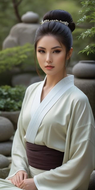 Generate hyper realistic image of a model woman in a Zen garden, exuding tranquility. Highlight her peaceful expressions, stunning eyes, and makeup that enhances the zen-like ambiance, with a hairstyle that adds to the overall harmony.