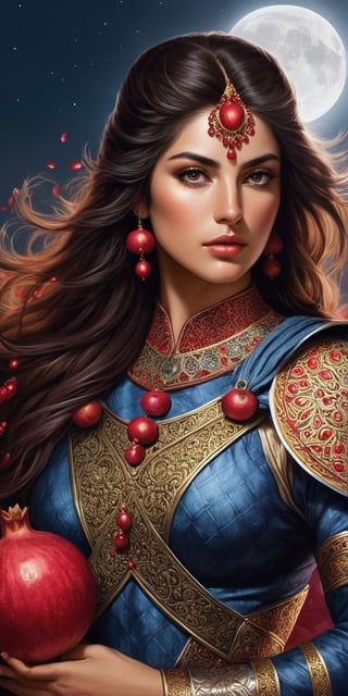 Generate hyper realistic image of a Persian warrioress under the moonlight, with armor inspired by the symbolism of pomegranates. The Moonlit Pomegranate Warrioress wields a weapon resembling the fruit's seeds, representing fertility and abundance on the battlefield.