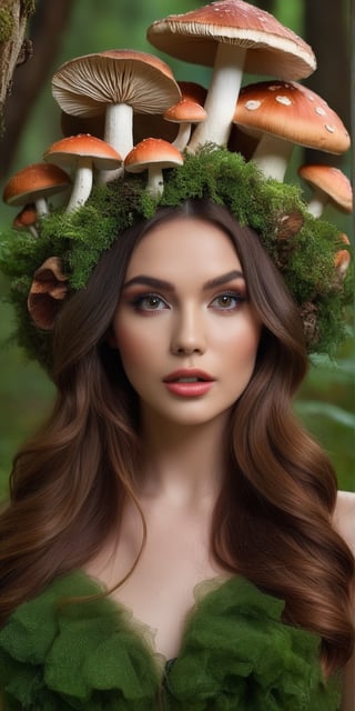 Generate hyper realistic image of a whimsical portrait of a model woman in a forest filled with oversized mushrooms. Showcase her playful expressions, captivating eyes, and makeup that adds to the fairy-tale charm, with a hairstyle adorned with forest-inspired elements.