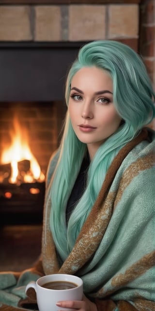 Generate hyper realistic image of a woman with mint-chocolate-colored hair, chilling by a fireplace with a cozy blanket. Capture the serene ambiance as she enjoys a warm drink and the crackling sounds of the fire.