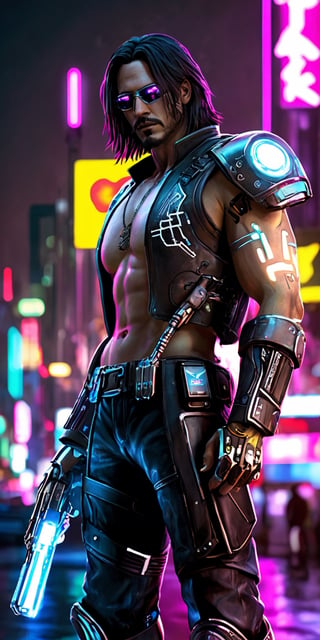 Generate hyper realistic image of a cyberpunk version of Johnny Silverhand, featuring augmented cybernetic enhancements, a luminous silver cyber arm, and a rebellious demeanor. Set against the backdrop of a neon-lit dystopian cityscape, capturing the essence of a digital rebel icon.