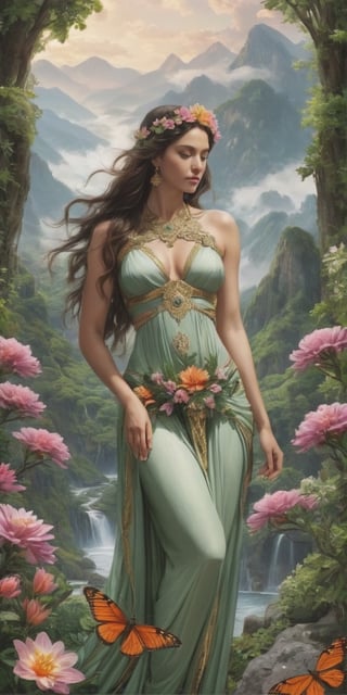 Generate hyper realistic image of a nurturing goddess intertwined with the natural world, adorned with blooming flowers, lush forests, and craggy mountains, symbolizing the grounding and life-giving essence of earth.