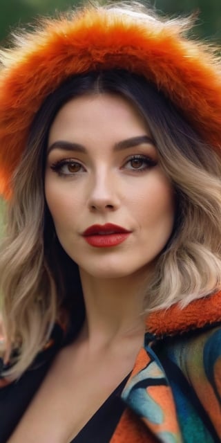 Generate hyper realistic image of a woman with a layered hairstyle in vibrant shades of orange, echoing the warmth of a woodland sunset. Her eyes captivate with intricate multicolored details, and her big red lips, cute nose, and hourglass body add to her allure. Enhanced by black makeup, she sits elegantly on a wooden bench, becoming a muse in the serene beauty of the forest.