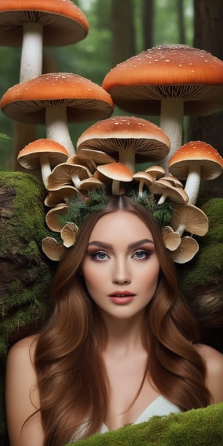 Generate hyper realistic image of a whimsical portrait of a model woman in a forest filled with oversized mushrooms. Showcase her playful expressions, captivating eyes, and makeup that adds to the fairy-tale charm, with a hairstyle adorned with forest-inspired elements.