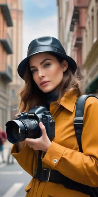 Generate hyper realistic image of a woman in urban photography expedition attire—utilitarian yet chic outfit, camera in hand—as she captures the intricate details of city architecture in an exploration of visual storytelling.((upper body))