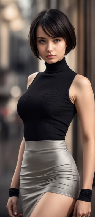 Generate hyper realistic image of a woman with short black hair and bare shoulders, standing confidently in a sleek skirt and sleeveless turtleneck, her parted lips hinting at a hidden allure, as she gazes directly at the viewer with an enigmatic allure, her black elbow gloves adding a touch of elegance to the cowboy shot composition against a subtly blurry background.