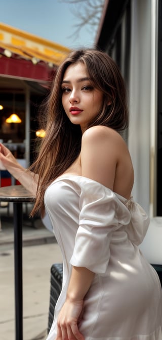 Create a beautiful woman drinking coffee outside coffee shop ,wearing a white silk dress, looking at the viewer,very curvy figure, vivid colors, brown hair, big and beautiful eyelashes, light_grey_eyes, black lips,looking happy.,Makeup,Realism,Epicrealism