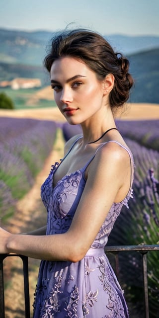 Generate hyper realistic image of a woman with a slender neck and graceful collarbones leans against a wrought-iron fence, overlooking a vibrant lavender field in the French countryside, the scent of blooming flowers filling the air.