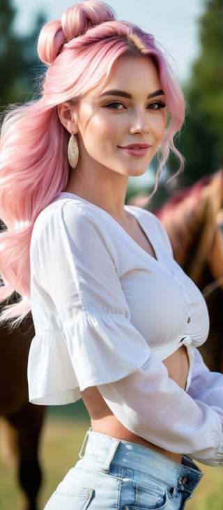 Generate hyper realistic image of a woman with long pink hair styled in a braid, with bangs gently resting on her forehead. She stands outside, smiling at the viewer while wearing a white shirt with puffy sleeves and high-waist shorts. The shirt has long sleeves that puff out, creating a stylish appearance. A ring adorns her finger, and she has earrings that catch the light. Her hair cascades over one shoulder, and the background is blurry, making her the focal point of the cowboy shot.