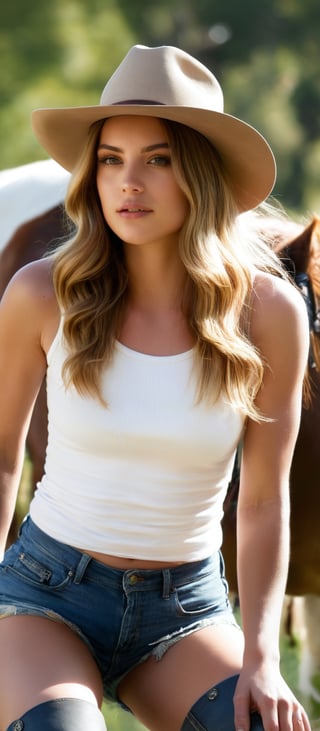 Generate hyper realistic image of a woman with long, wavy blonde hair that cascades down her shoulders. The hair has a slightly tousled, natural look. Her face is partially obscured by her hair and the shadow cast by her cowgirl hat, but she has a natural, minimalistic makeup look. She has a youthful appearance with sun-kissed skin. She is wearing a wide-brimmed, white cowboy hat, which adds a distinct Western flair to her outfit. She is wearing a white, sleeveless tank top that fits snugly and ripped shorts. She is wearing dark cowgirl boots. The woman is squatting down, with one arm resting on her knee and the other partially lifting her hat. Her pose is relaxed, giving off an effortless and natural look. The background is an outdoor, grassy area with natural light. 