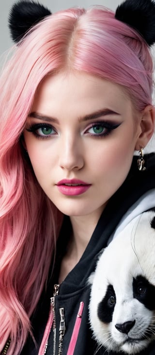 Generate hyper realistic image of a rebellious beauty with long, pink hair cascading over her shoulders. Her piercing green eyes meet the viewer's gaze with defiance, framed by stylish bangs. Pale skin accentuates her dark eyelashes and pink lips, while black makeup and nails add an edgy allure. Dressed comfortably, she wears a hoodie with a playful panda design, complete with a zipper and a mischievous smile.