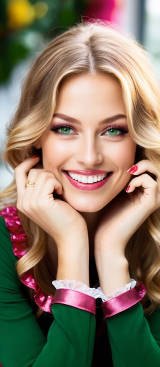 Generate hyper realistic image of a woman with long blonde hair, looking at the viewer with a smile and green eyes. She has one eye closed, wearing a shirt with frills, and a necklace. Her fingernails are painted red, and her lips are also red. She has detailed facial features, clear skin, and dimples that highlight her bright smile. Her eyelashes are prominent, and she has light brown hair strands mixed with the blonde. The background is blurry, making her the focal point. She has her hands on her face, showcasing pink nails, and her forehead is visible.