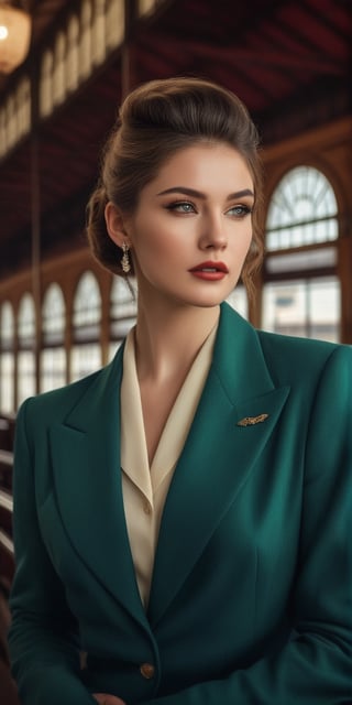 Generate hyper realistic image of a nostalgic portrait of a model woman in a vintage train station, embodying timeless elegance. Highlight her refined expressions, stunning eyes, and makeup that complements the vintage aesthetic, with a hairstyle that adds a touch of classic glamour.