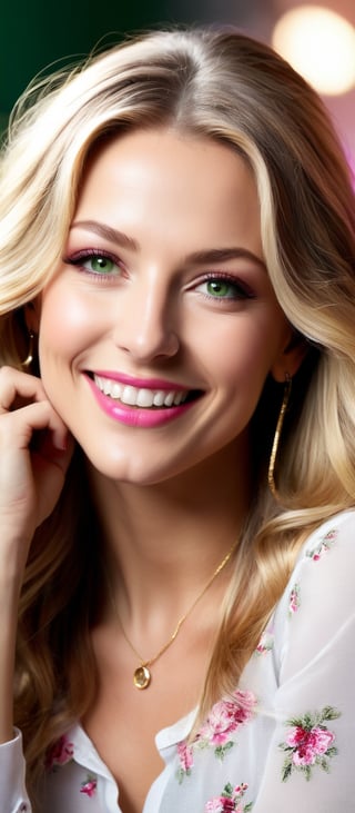 Generate hyper realistic image of a woman with long blonde hair, looking at the viewer with a smile and green eyes. She has one eye closed, wearing a shirt with frills, and a necklace. Her fingernails are painted red, and her lips are also red. She has detailed facial features, clear skin, and dimples that highlight her bright smile. Her eyelashes are prominent, and she has light brown hair strands mixed with the blonde. The background is blurry, making her the focal point. She has her hands on her face, showcasing pink nails, and her forehead is visible.