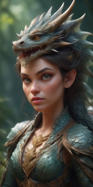 Generate hyper realistic image of a dragon-inspired huntress, adorned with intricate scales and a dragon tail, wielding a formidable weapon. The scene could be set in a mystical forest with hints of dragon presence.up close, portrait,<lora:659095807385103906:1.0>