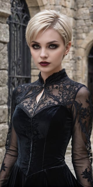 Generate hyper realistic image of a blonde vamp with a pixie cut, gothic makeup, and a dark velvet gown with lace details, playfully haunting a castle courtyard with ancient stone walls and wrought-iron gates.up close