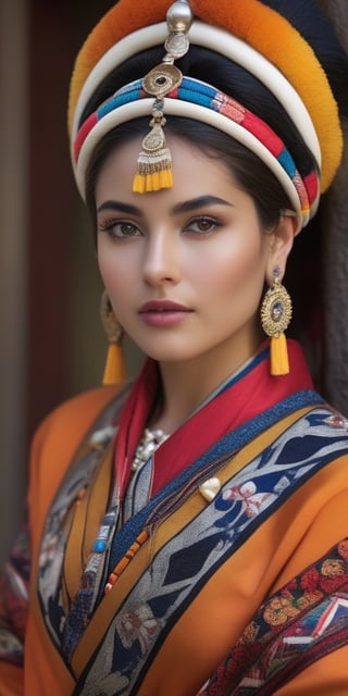 Generate hyper realistic image of a woman in cultural district immersion attire—stylish ensemble inspired by local culture and traditions, her eyes alive with curiosity as she explores museums, galleries, and historic landmarks.((upper body))