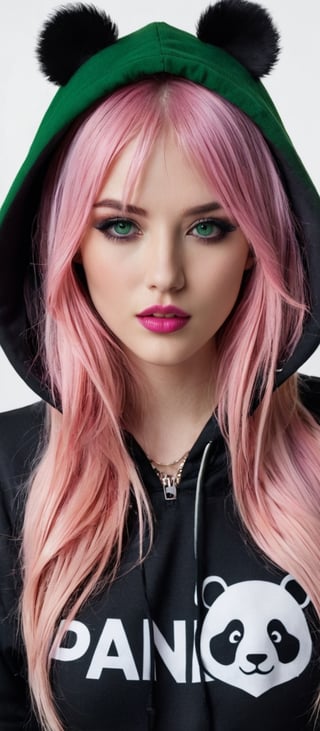 Generate hyper realistic image of a rebellious beauty with long, pink hair cascading over her shoulders. Her piercing green eyes meet the viewer's gaze with defiance, framed by stylish bangs. Pale skin accentuates her dark eyelashes and pink lips, while black makeup and nails add an edgy allure. Dressed comfortably, she wears a hoodie with a playful panda design, complete with a zipper and a mischievous smile.