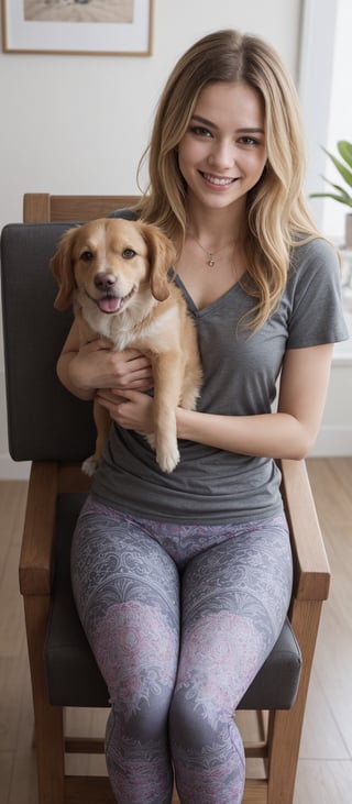 Generate hyper realistic image of woman with long, blonde hair seated comfortably in a chair, wearing a casual shirt and tight yoga pants adorned with symbolic prints. She sports a bright smile as she holds a phone, snapping a cheerful selfie with her adorable dog by her side. Her summer vibe radiates through the image, while her happy demeanor and relaxed pose