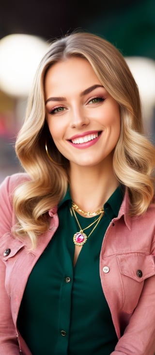 Generate hyper realistic image of a woman with long blonde hair, looking at the viewer with a smile and green eyes. She has one eye closed, wearing a shirt with frills, and a necklace. Her fingernails are painted red, and her lips are also red. She has detailed facial features, clear skin, and dimples that highlight her bright smile. Her eyelashes are prominent, and she has light brown hair strands mixed with the blonde. The background is blurry, making her the focal point. She has her hands on her face, showcasing pink nails, and her forehead is visible.