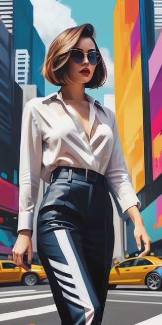 Generate hyper realistic image of a fashionable woman with a chic bob haircut, wearing modern urban attire, walking through a bustling cityscape with skyscrapers and vibrant street art, exuding confidence and contemporary style.photography style,Extremely Realistic,