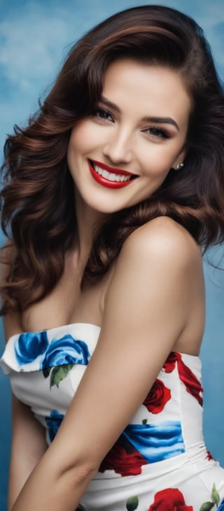 Generate hyper realistic image of a woman gazing at the viewer with a gentle, inviting smile. She is posed seductively in a white strapless dress that features a floral print of red roses. Her long, wavy brown hair flows over her shoulders, and her white nail polish adds a touch of refinement. The background is a vibrant blue, which creates a stunning contrast with her dress. The medium-angle shot emphasizes her natural grace and the delicate beauty of her outfit.