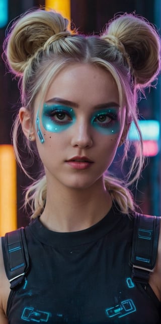 Generate hyper realistic image of a playful blonde with futuristic space buns, neon makeup, and a cyberpunk-inspired outfit, playfully posing in a gritty cyberpunk alley illuminated by neon lights and holographic billboards.up close