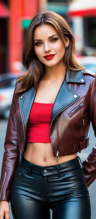 Generate hyper realistic image of a woman with long, brown hair and brown eyes, gazing directly at the viewer. She is dressed in a cropped biker jacket with a zipper, showcasing her midriff and slim waist. Her medium breasts are subtly highlighted by the crop top she is wearing. A red belt cinches her leather pants, adding a pop of color. With red lips and a bright smile, she exudes charm and radiates a magical aura.