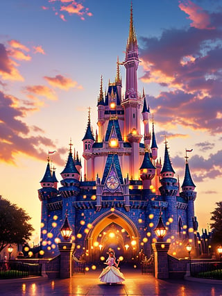 A majestic Disney castle stands tall and proud at sunset, its magnificent turrets and towers illuminated by a warm golden light. The air is filled with the sweet scent of cotton candy as children's dreams come alive in this stunning fantasy world. A princess emerges from the castle gates, her sparkling tiara gleaming in the fading light, as if stepping into a fairy tale.