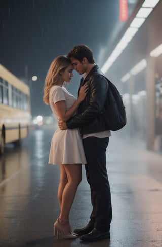 masterpiece, best quality, the young man and the girl are very much in love with each other, they are both 28 years old. The man is about to break up with his lover at the intercity bus terminal at night, extremely sad and emotional scene, the image taken from the external perspective with their hands being separated from each other, the woman who is alone, delete, rain, terminal crowd, drenched, professional professionalism, distorted, both, facing the audience, seen to the viewer, live 8k, ultra realistic, night, upper body, photo r3al, shooting star, photo r3al