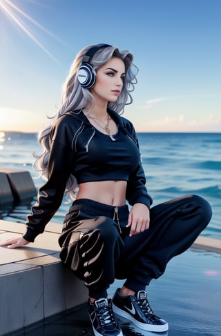 French girl,grey blonde hair(very long hair, curly_hair),hiphop dancer,wearing all black clothes (loose fit top and wide cargo pants),sneakers,headphone, sitting at sea bank,horizon,seaside,accessories(necklace,ear_rings),Best Quality, 32k, photorealistic, ultra-detailed, finely detailed, high resolution, perfect dynamic composition, beautiful detailed eyes, sharp-focus, cowboy_shot, 