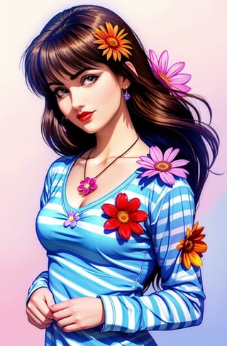 1girl, solo, long hair, looking at viewer, smile, brown hair, shirt, long sleeves, brown eyes, jewelry, upper body, flower, striped, necklace, book, leaf, white flower, red flower, pink flower, blue flower, striped shirt, yellow flower, purple flower, orange flower