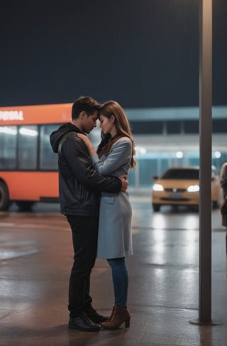 masterpiece, best quality, the young man and the girl are very much in love with each other, they are both 28 years old. The man is about to break up with his lover at the intercity bus terminal at night, extremely sad and emotional scene, the image taken from the external perspective with their hands being separated from each other, the woman who is alone, delete, rain, terminal crowd, drenched, professional professionalism, distorted, both, facing the audience, seen to the viewer, live 8k, ultra realistic, night, upper body, photo r3al, shooting star, photo r3al