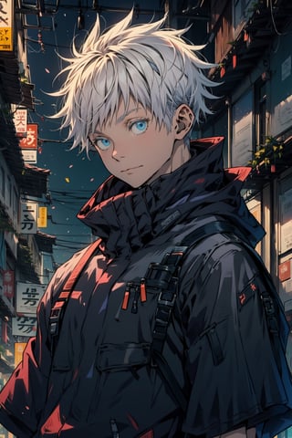 ((masterpiece, best quality)),SATORU GOJO,satoru gojo,urban techwear,bright blue eyes