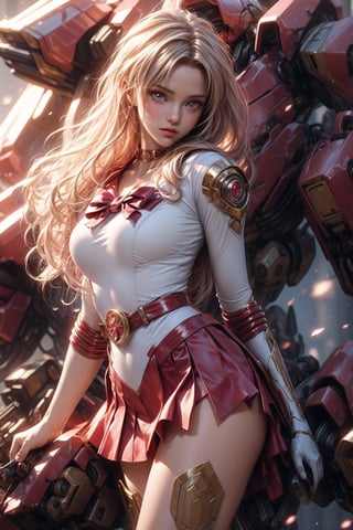 ((masterpiece, best quality)), long blond hair. sailor moon, mini skirt, sexy, curvy body, detailed face, perfect eyes, detailed hands, light background, mix of fantasy and realistic elements, vibrant manga, uhd picture, crystal translucency, vibrant artwork, fairy, SMMars. Sexy body. sakura haruno, mecha, , , ,SMMars,Belted Skirt,onesie,KATARINA,mecha