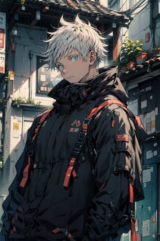 ((masterpiece, best quality)),SATORU GOJO,satoru gojo,urban techwear,bright blue eyes