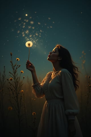 Midjourney style, cinematic style, high quality, realism, chiaroscuro, still film, realism, 
 Woman blows a dandelion at night. style of Jean Baptiste Monge, Thomas Kinkade, David Palumbo, Carne Griffiths.







 
  

  
