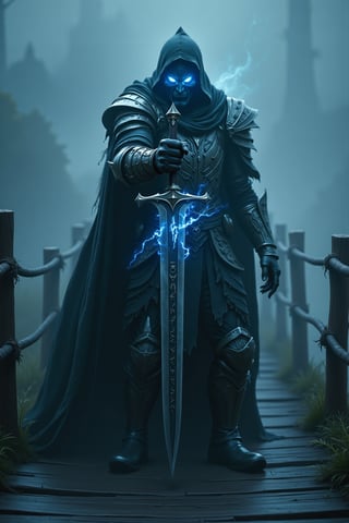 Midjourney style, cinematic style, high quality, realism, chiaroscuro, still film, realism, 
Cinematic, Realism, Film Still, High Definition,
An abyssal knight, draped in tattered, dark armor that pulses with a faint, eerie glow, stands on a creaking wooden bridge. He points the tip of a massive, rune-etched sword menacingly at the camera, the blade crackling with dark energy. Shadows swirl around him, and the misty air is thick with tension. Blue flames flicker within his hollow eyes, reflecting the bridge's warped, splintered planks, over the sword camera view 






 
  

  
