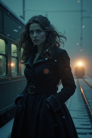 Midjourney style, cinematic style, high quality, realism, chiaroscuro, still film, realism, 
"An emotional and dramatic scene depicting the final moments of Anna Karenina from Leo Tolstoy's novel. Anna stands on the edge of a train platform, her face illuminated by the glow of the distant train headlights approaching through a misty, cold Russian night. Her expression is a mix of despair and resolution, as the wind tugs at her elegant yet disheveled dress, symbolizing her inner turmoil. Snow gently falls around her, adding to the melancholic atmosphere. The world behind her fades into a blur, reflecting the isolation and sorrow of her decision. Dark, moody tones with soft lighting evoke the tragic beauty of her fate."







 
  

  
